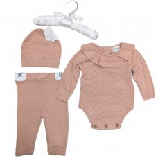 E07648: Baby Pink True Knit 3 Piece Outfit On A Satin Padded Hanger  (0-12 Months)